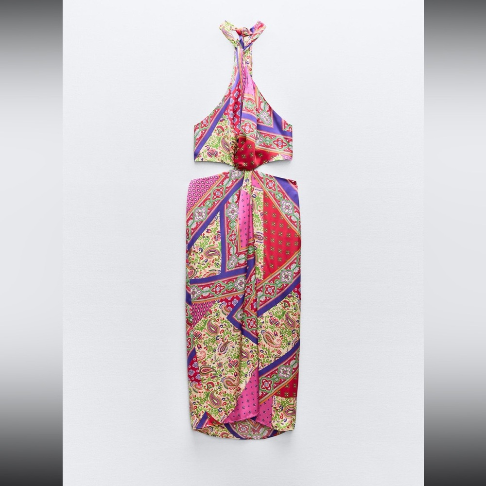 ZARA Patchwork Printed Halter Neck Midi Dress